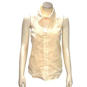 CCC Sheer Beige White Sleeveless Halter Blouse Leaf Pattern Button Up Front Med
